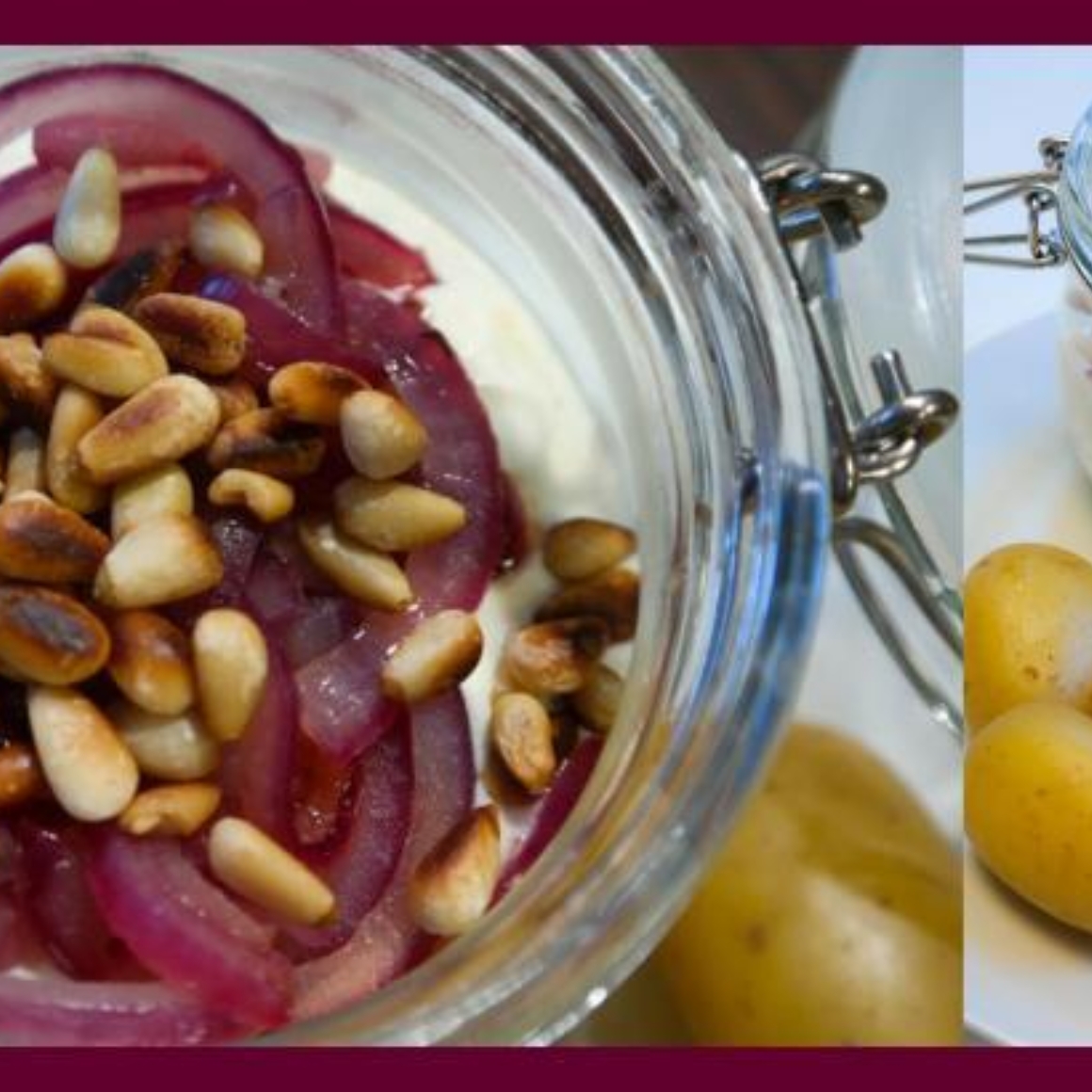 Pellkartoffeln mit Landrahm, roten Balsamicozwiebeln und Pinienkernen