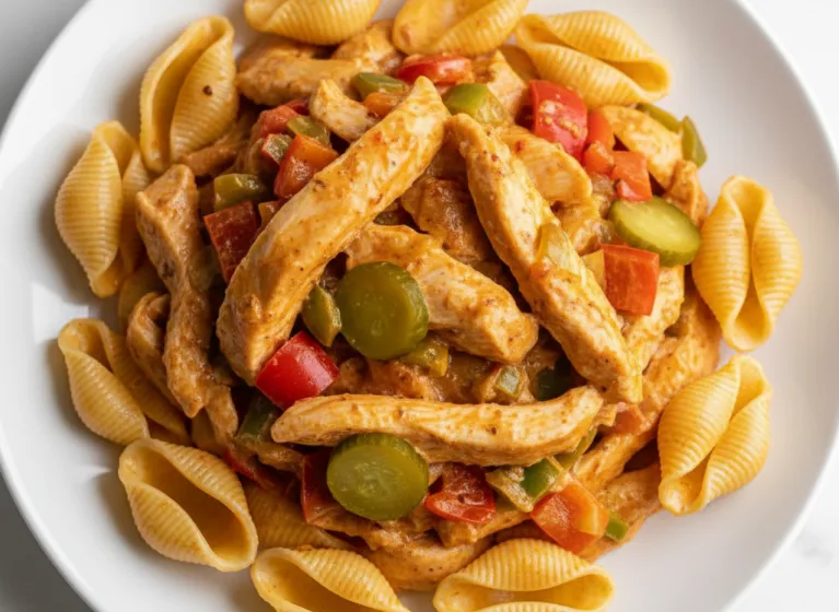 Buntes Hähnchen-Stroganoff mit Muschelnudeln