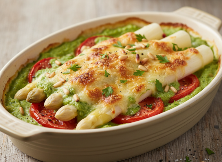 Gratinierter Spargel mit Erbsensauce (fettarm/vegetarisch)
