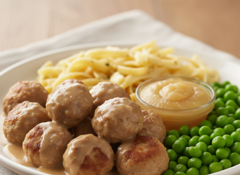 Köttbullar mit Apfelmus, Butter-Nudeln und Erbsen