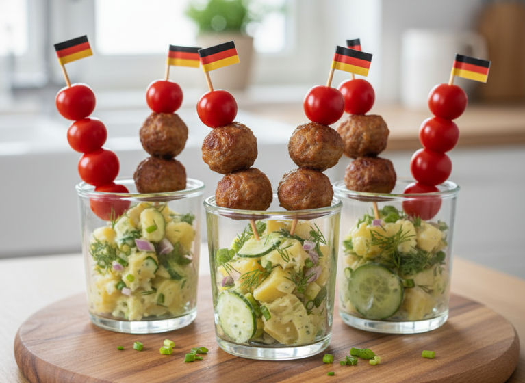 Mini-Frikadellen-Spieße mit Kartoffel-Gurken-Salat im Glas