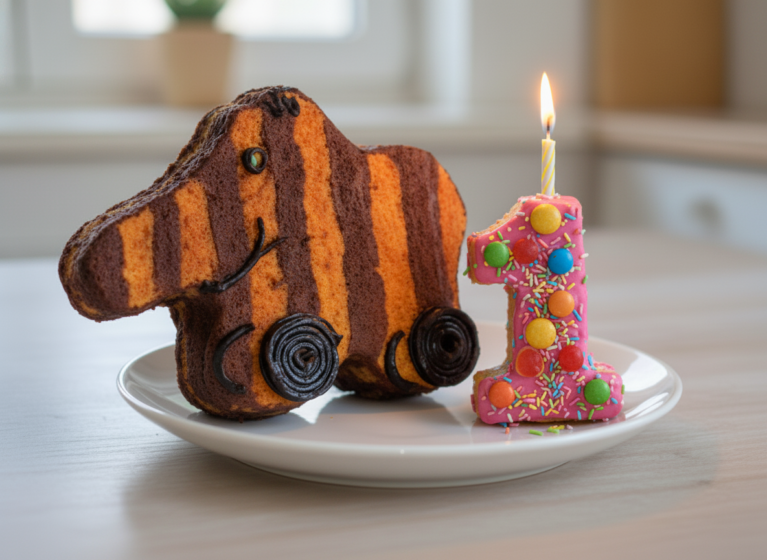 Tiger-Enten-Kuchen und Zahl (z. B. 1)