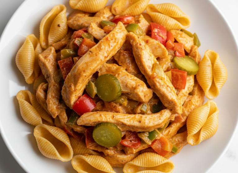 Buntes Hähnchen-Stroganoff mit Muschelnudeln