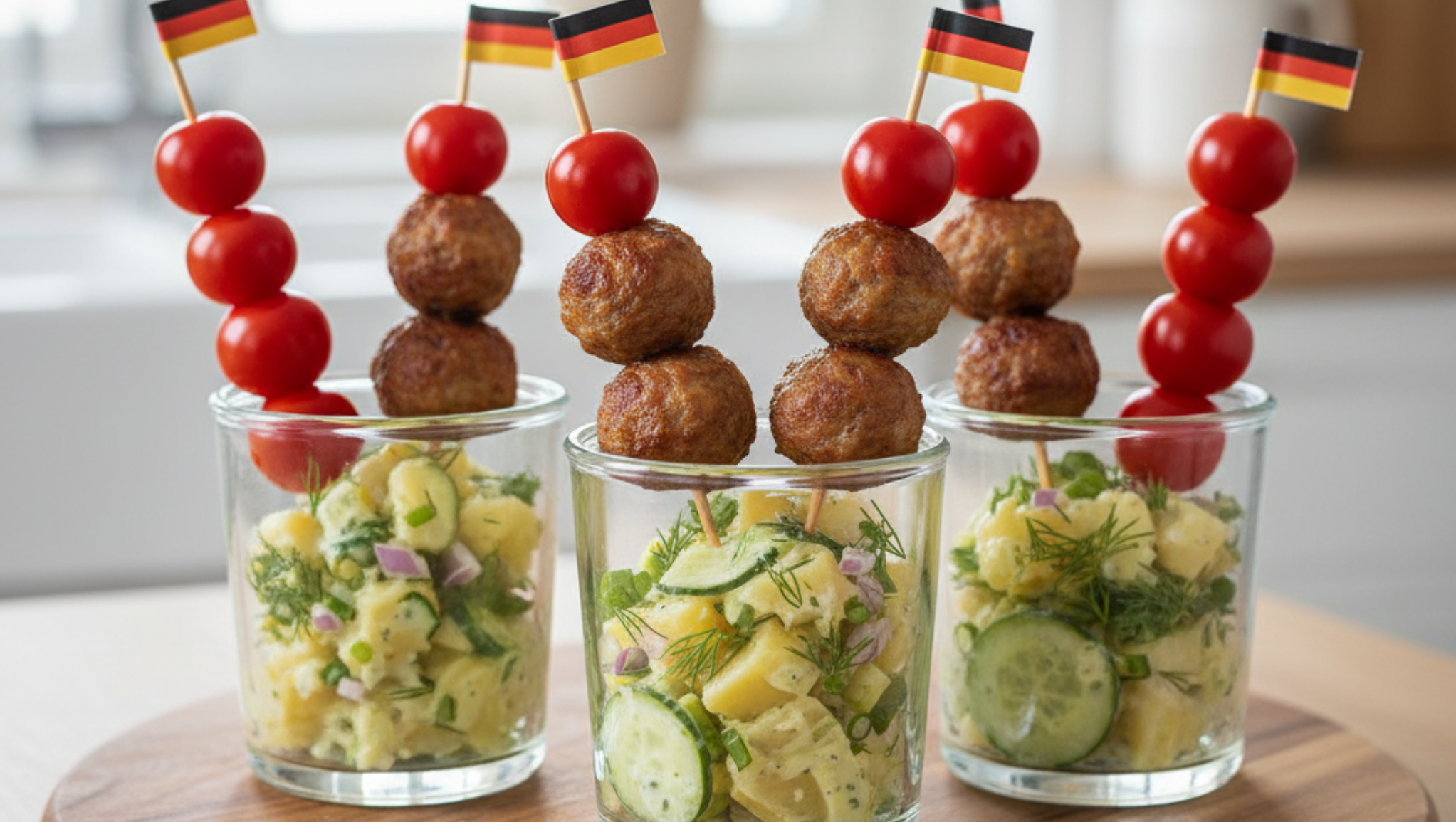 Mini-Frikadellen-Spieße mit Kartoffel-Gurken-Salat im Glas