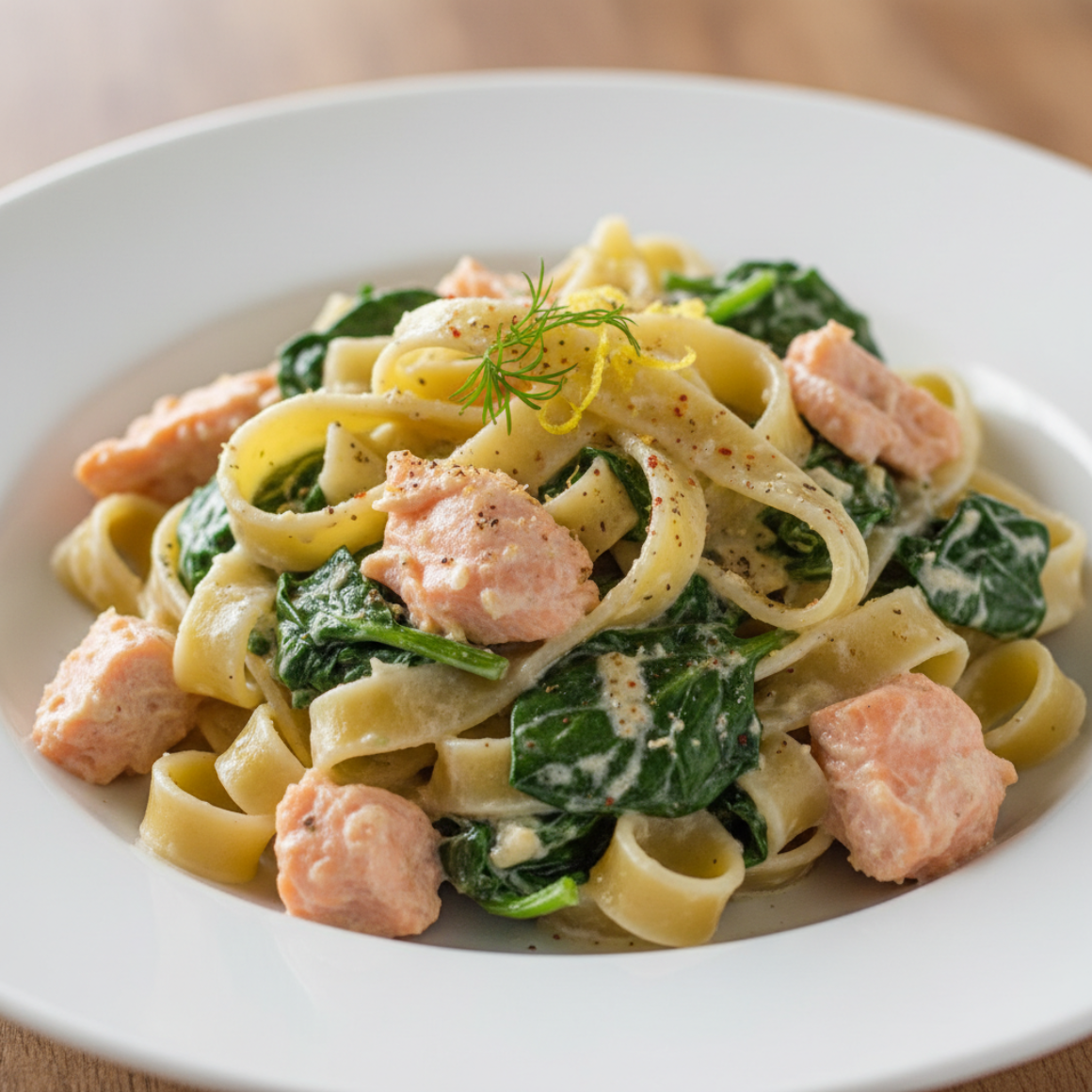 Bandnudeln mit Lachs und Spinat