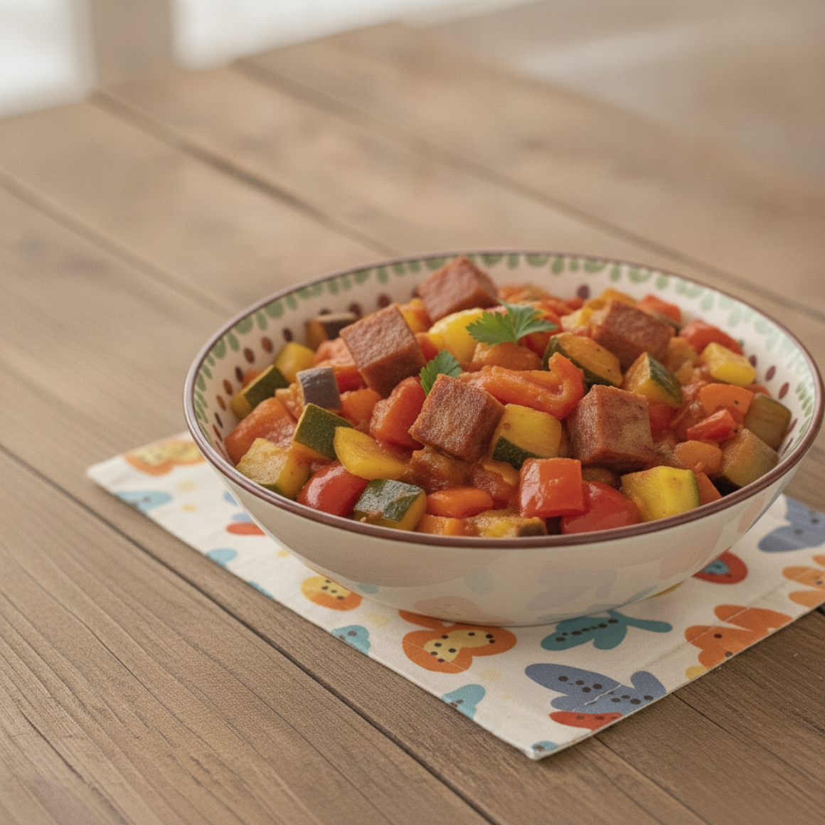 Buntes Ratatouille mit würzigen Landjägern