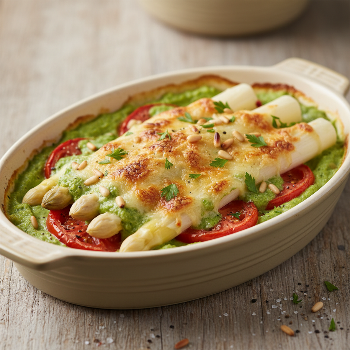 Gratinierter Spargel mit Erbsensauce (fettarm/vegetarisch)