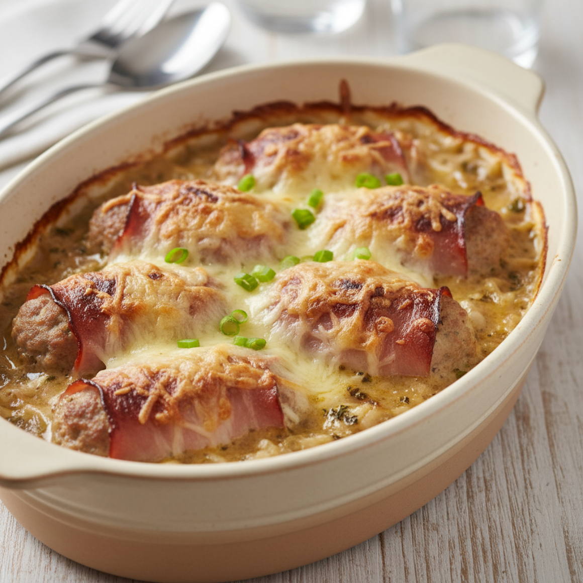 Hackfleisch-Schinken-Röllchen in Zwiebelsauce