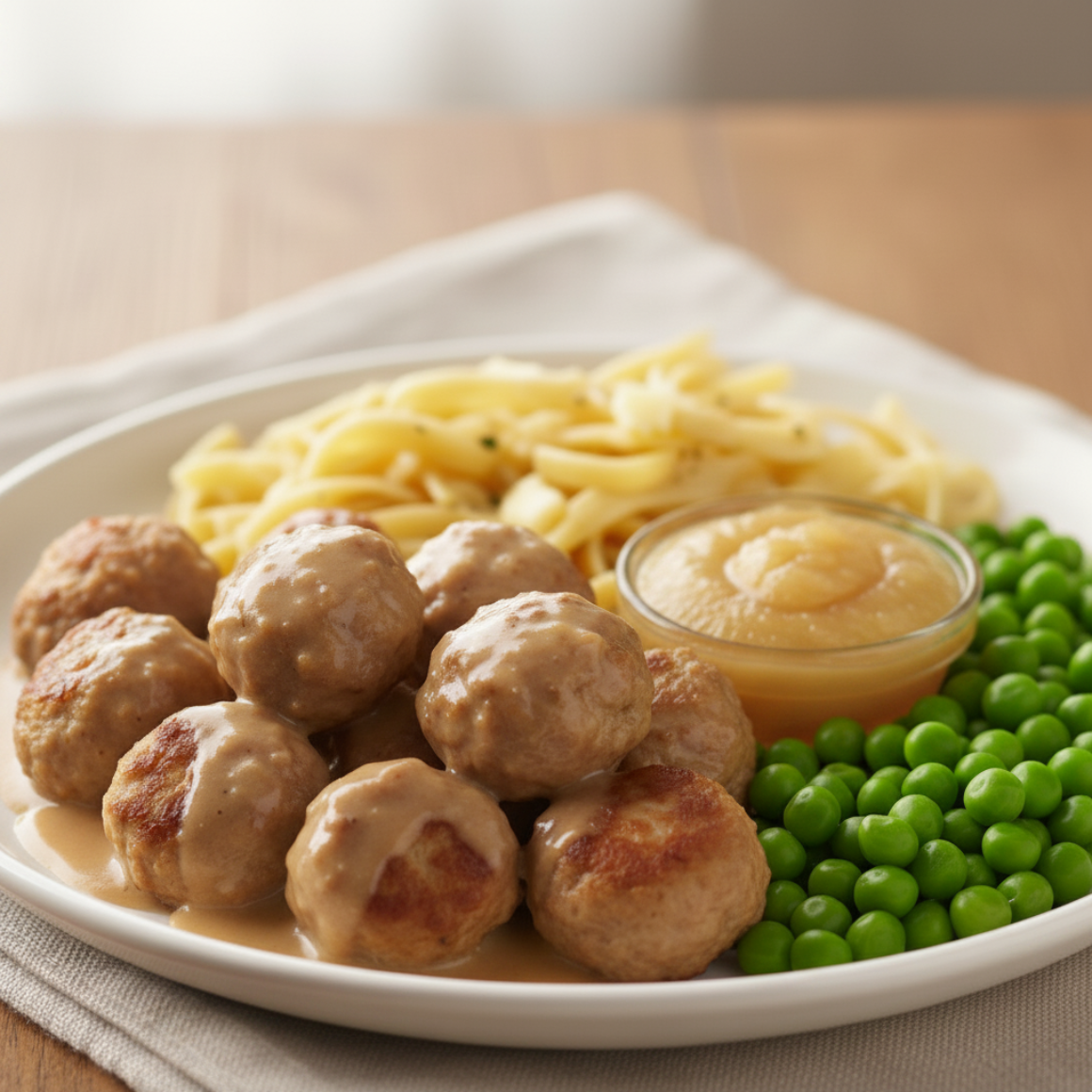 Köttbullar mit Apfelmus, Butter-Nudeln und Erbsen