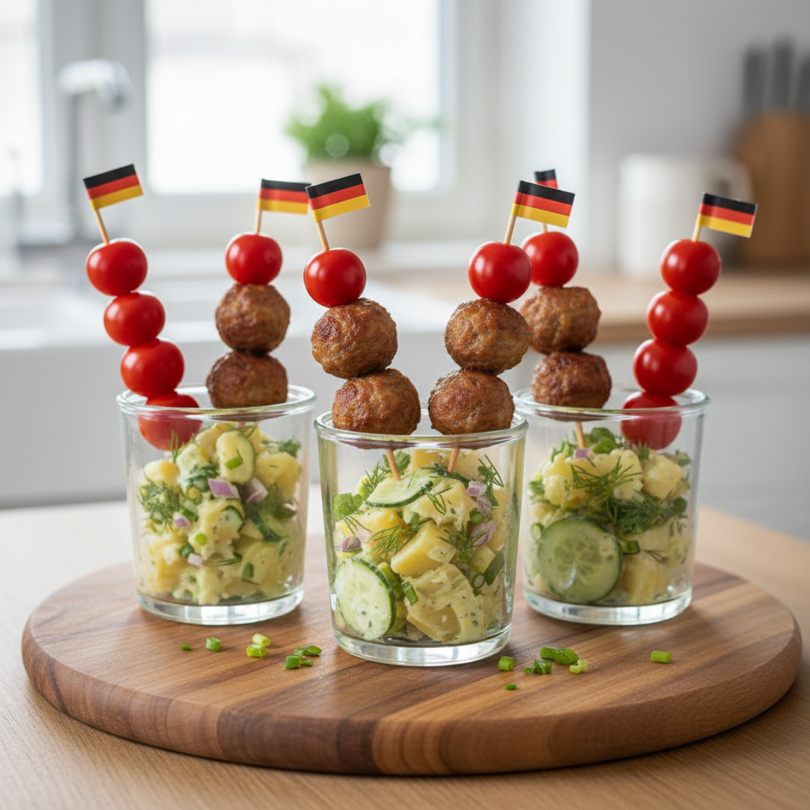 Mini-Frikadellen-Spieße mit Kartoffel-Gurken-Salat im Glas