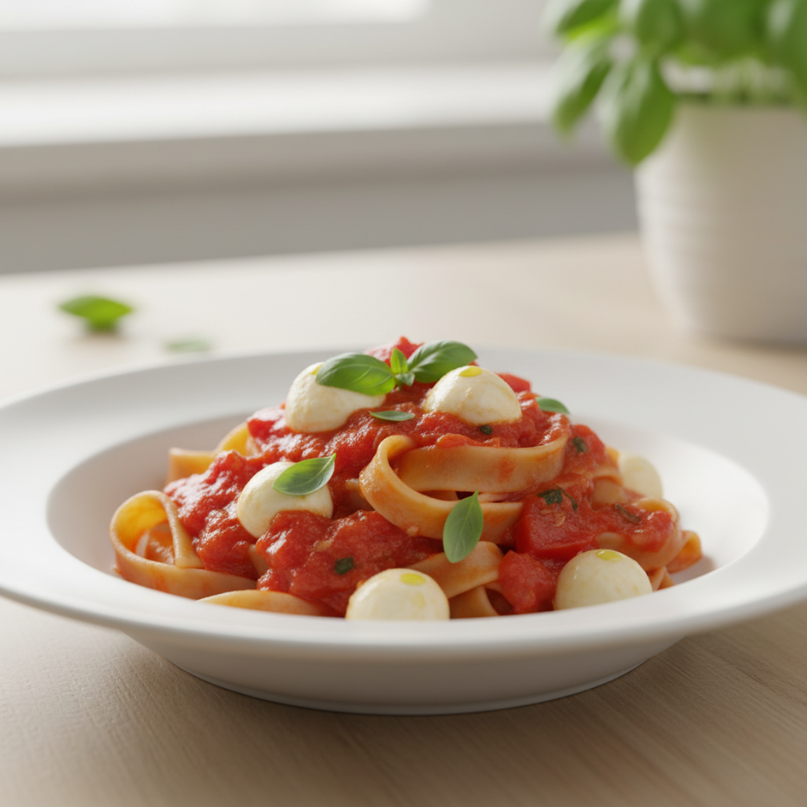 Nudeln in Tomaten-Mozzarella-Sauce (vegetarisch)