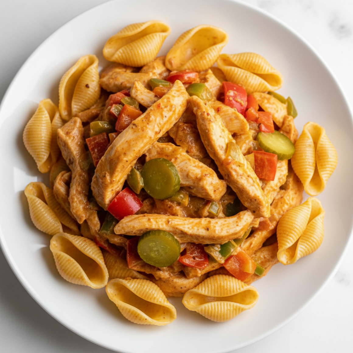 Buntes Hähnchen-Stroganoff mit Muschelnudeln