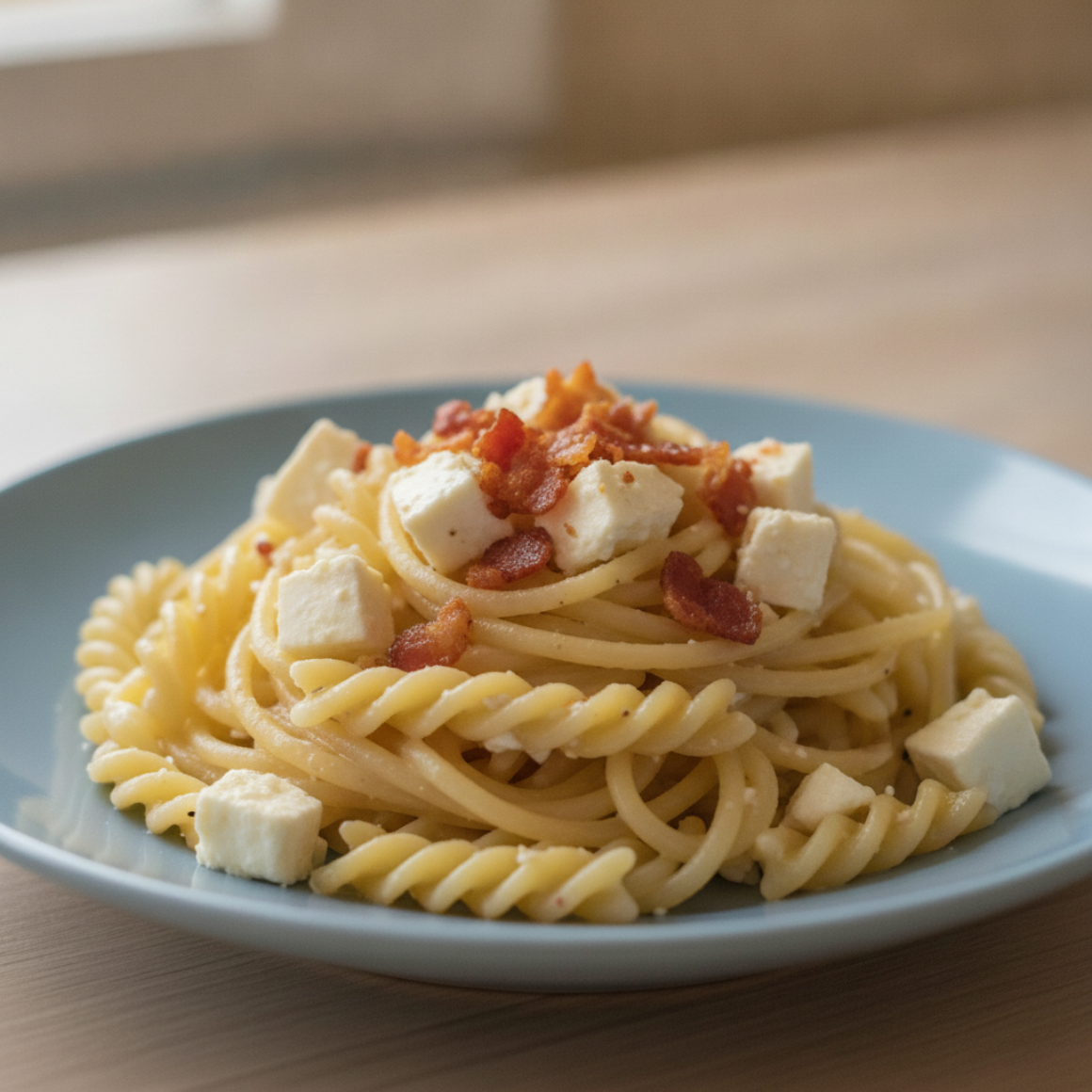 Spaghetti mit Schafskäse und Speck