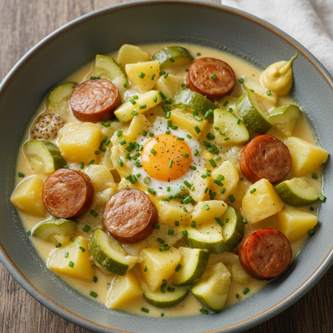 Zucchini-Eintopf mit Würstchen
